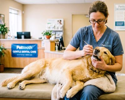 Veterinarian examining a Golden Retriever at Pettooth dental clinic.