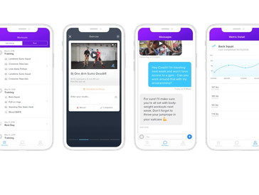 Fitness app screens showing workouts, exercise demo, messages, and progress chart.