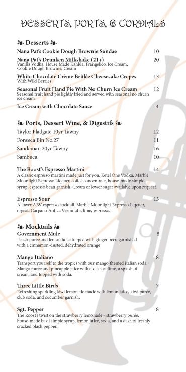 Dessert and drink menu with indulgent options and cocktails.