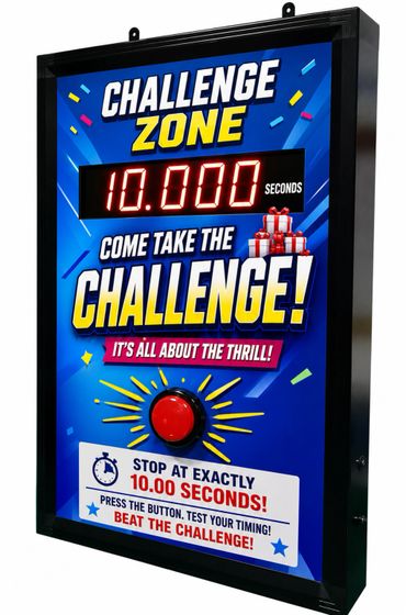A challenge game with a timer and a button to press at exactly 10 seconds.