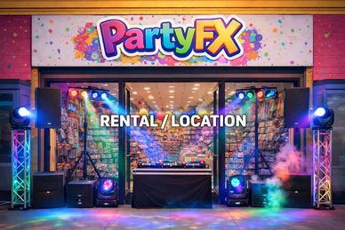 Colorful PartyFX rental location with DJ setup and vibrant lights.