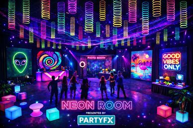 Vibrant neon party room with colorful lights and decorations.
