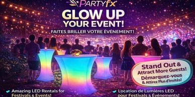Colorful LED-lit tables and crowd at a festive nighttime event.