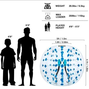 Inflatable bubble ball with size and weight specifications for players.