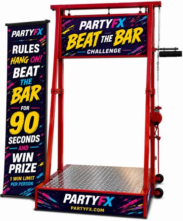 PartyFX Beat the Bar challenge setup with rules banner and platform.