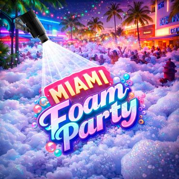 Vibrant Miami foam party with colorful lights and palm trees.