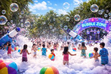 Children play joyfully in a vibrant outdoor bubble zone filled with foam and bubbles.