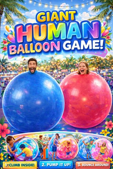 Two people inside giant colorful balloons enjoying a fun outdoor game.