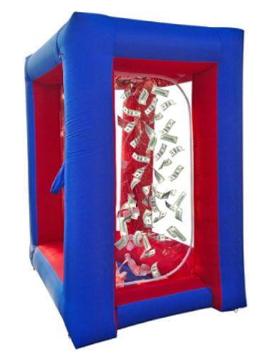 Inflatable money booth with flying dollar bills inside.