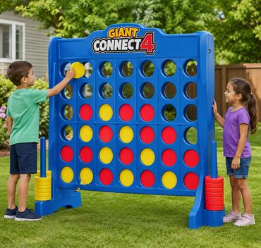 Two children play giant Connect 4 in a backyard.