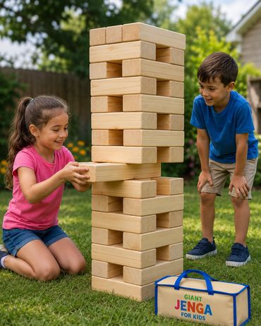 Two kids playing giant Jenga outdoors on grass.