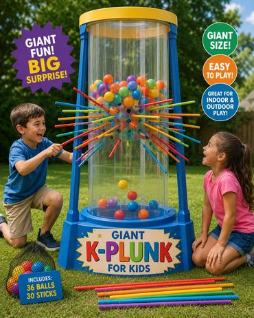 Kids playing with a giant K-Plunk game outdoors, full of colorful balls and sticks.