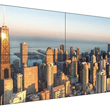 City skyline during sunset with tall buildings.
