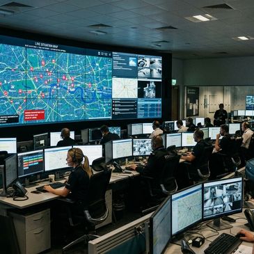 Command center with police monitoring multiple screens.