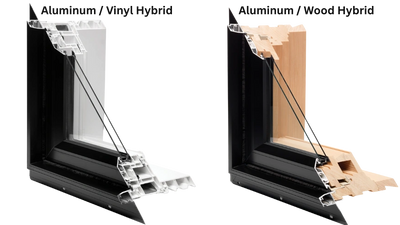 Two cross-section window frames showing vinyl and wood materials.