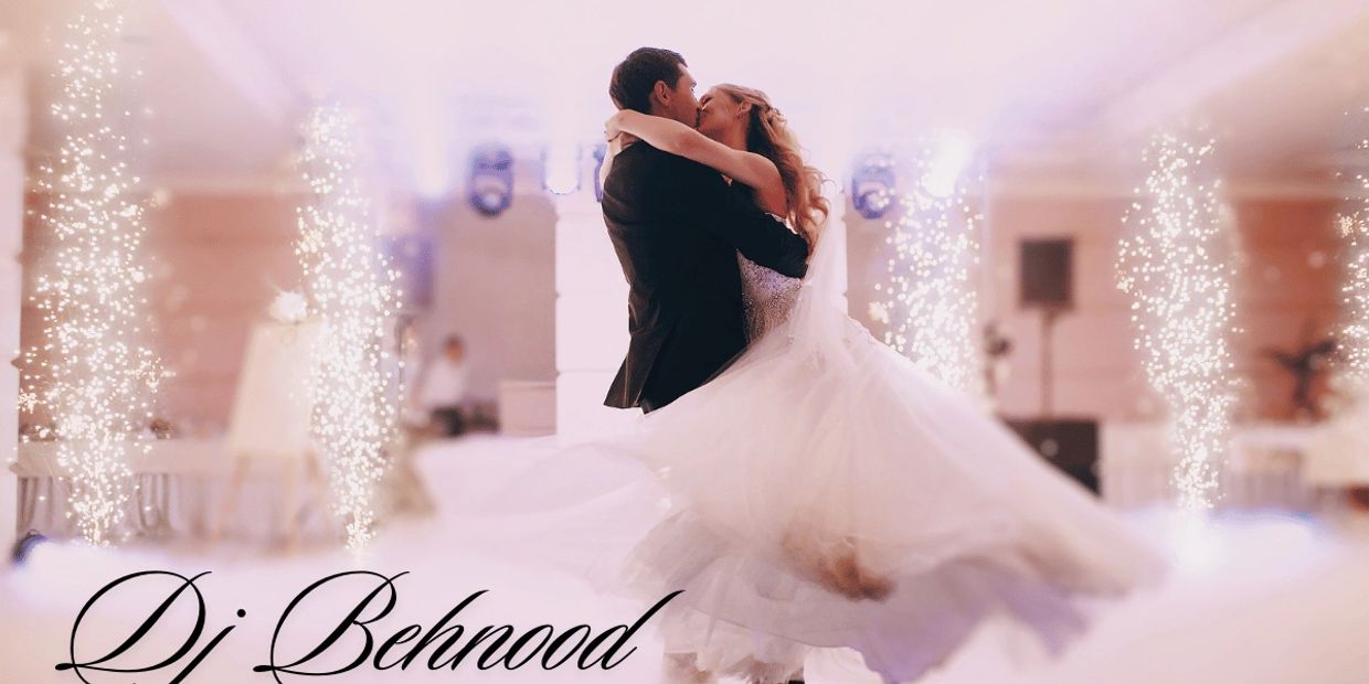 Bride and groom dancing, embraced on the floor, with sparkling lights and 'DJ Behnood' in the frame.