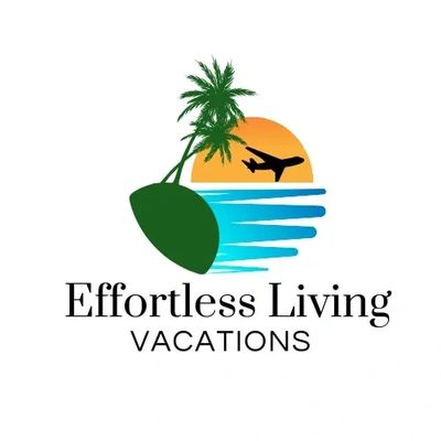 Effortless Living Vacation Logo. Sun, water, palm tree, airplane.