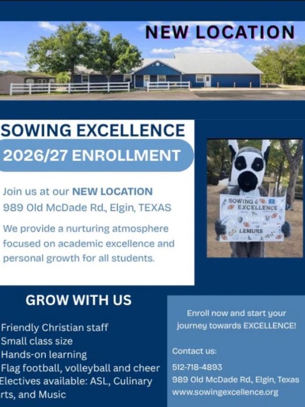 Sowing Excellence new location and 2026/27 enrollment info with mascot holding sign.