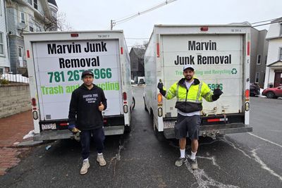 Marvin Junk Removal crew standing in front of their truck in Cambridge, MA — local junk removal