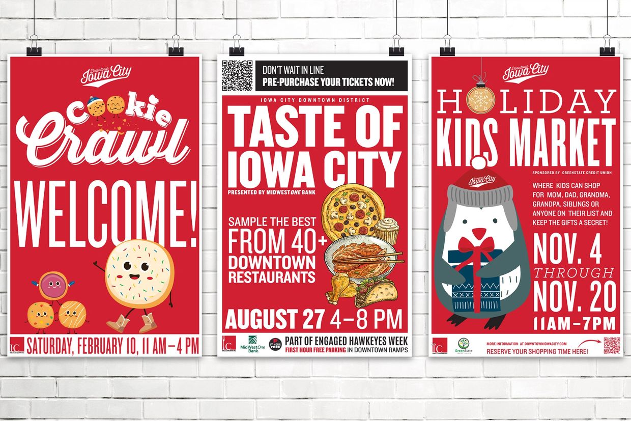 Downtown Iowa City posters for Cookie Crawl, Taste of Iowa City, and the Holiday Kids Market