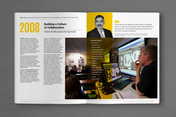 Spread from Holden Cancer Center's 2025 annual report.