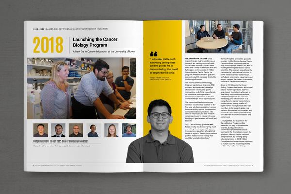 Spread from Holden Cancer Center's 2025 annual report.