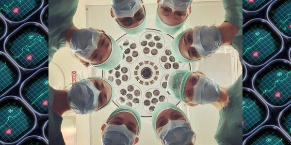 Surgeons in a circle, showing AllMedPro’s focus on precision and teamwork.