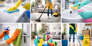 Collage of various household cleaning tasks and supplies.