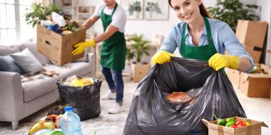 Two people sorting and packing groceries and waste with gloves and aprons.
