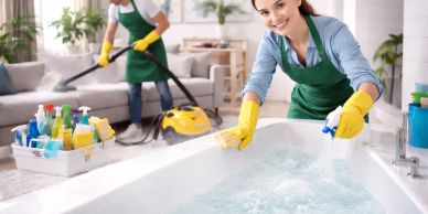 Two people cleaning a bathtub and vacuuming a living room with cleaning supplies.