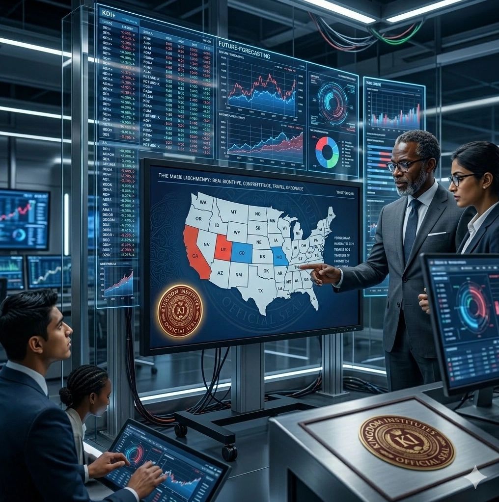 Business team analyzing US map and data on multiple screens in modern office.