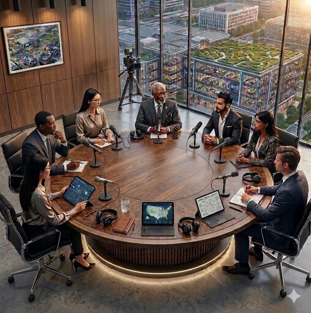 Business meeting around a round table with microphones and laptops.
