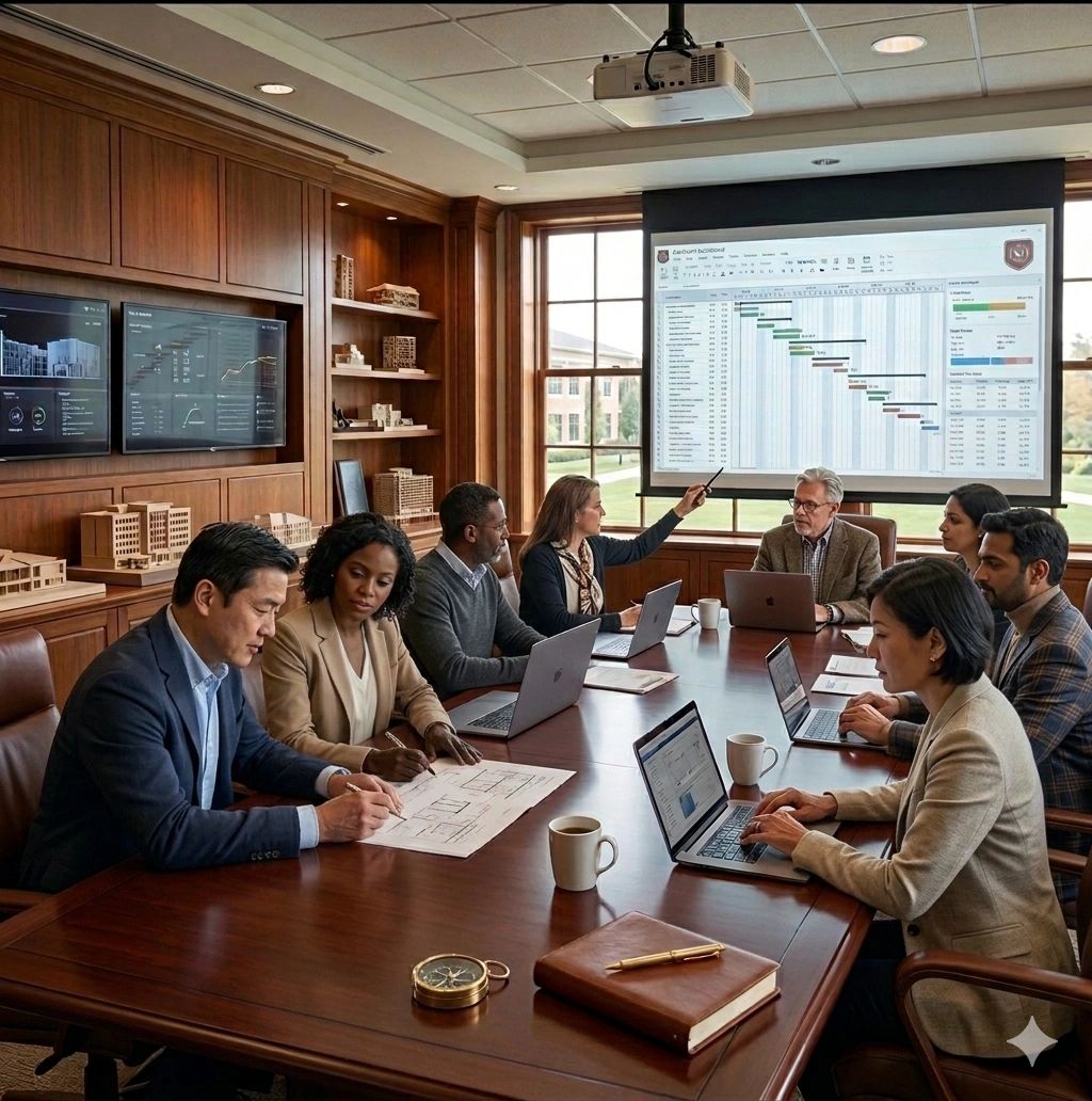 Team discussing project plans in a formal meeting room.