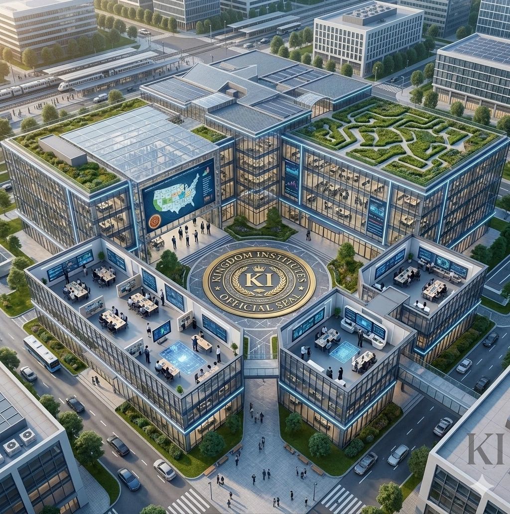 Modern office complex with green rooftops and digital screens.