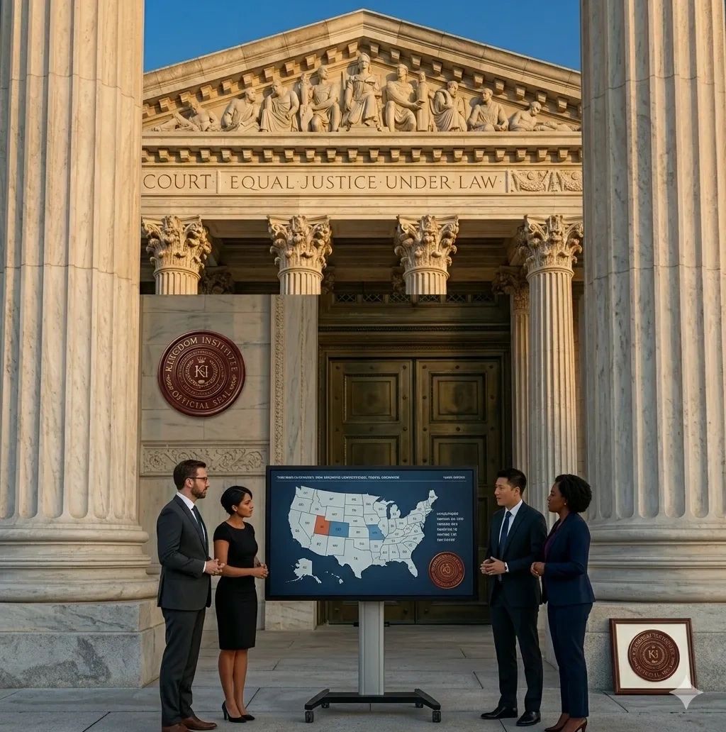 Four professionals presenting data outside a courthouse.