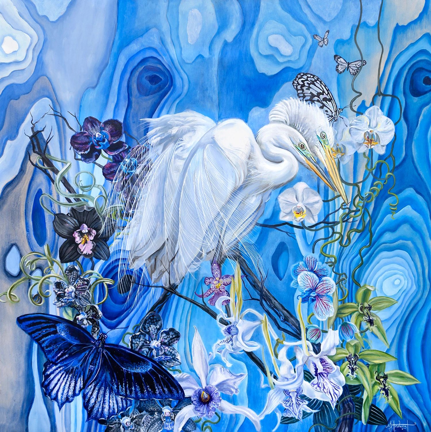 egret and orchids