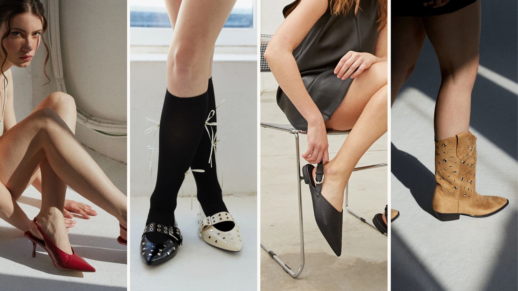 Four stylish close-ups of women's legs showcasing various fashionable shoes and boots.