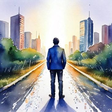 Person walking toward a city