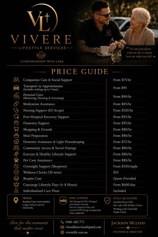 Price guide for Vivere Lifestyle Services offering companionship and care.