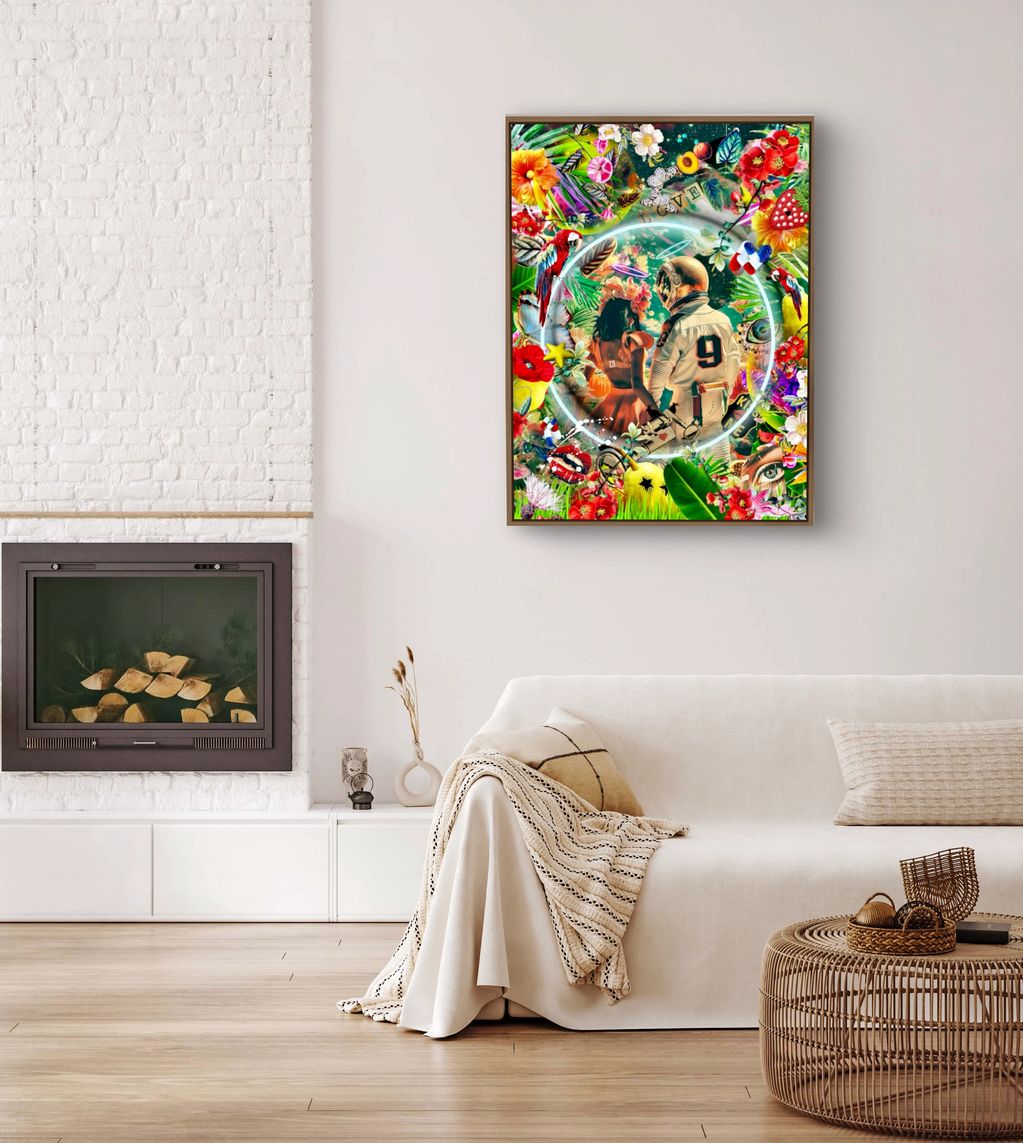 COSMIC 69 – by Galaxy Epop
Digital collage, acrylic on aluminum dibond
Framed in walnut wood
36” x 4