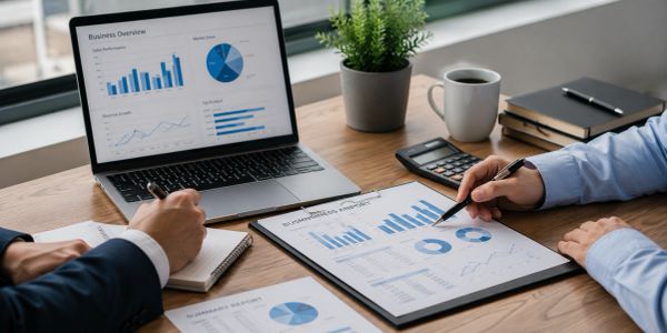 Business meeting analyzing charts and graphs.