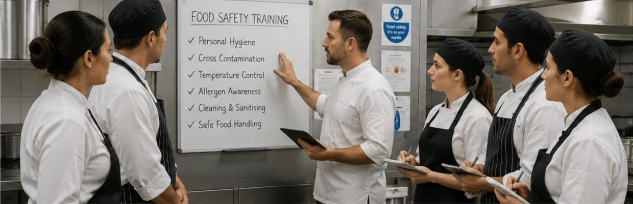 Chef training staff on food safety topics.