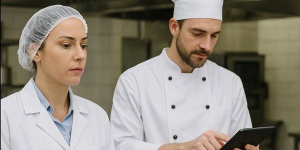 Two professionals in white uniforms using a tablet in a kitchen.