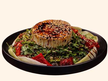 Grilled cheese topped with sesame seeds on a fresh salad.