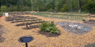 A community garden with various planted sections and wood chip paths.