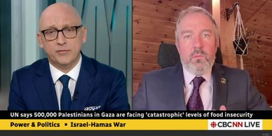 Two men discuss Gaza food insecurity on CBC News.