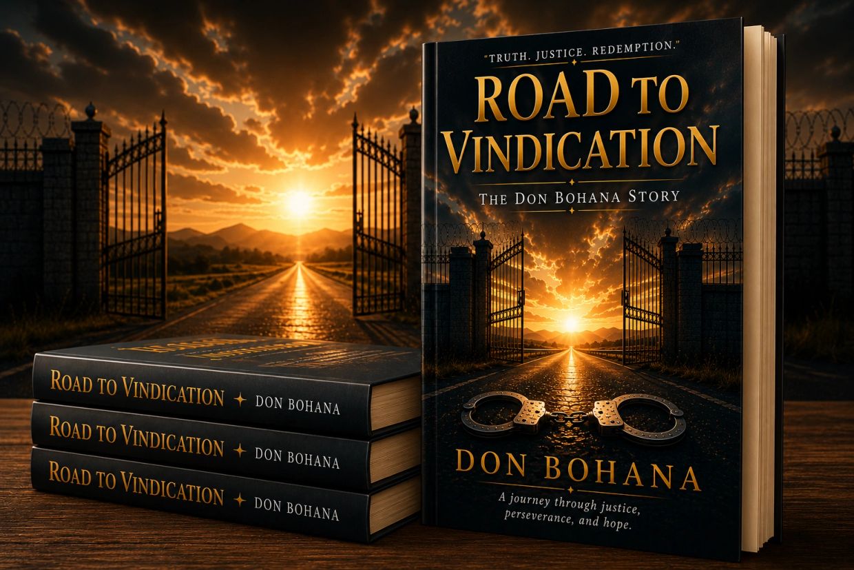 Book cover of 'Road to Vindication' by Don Bohana with sunset and handcuffs.