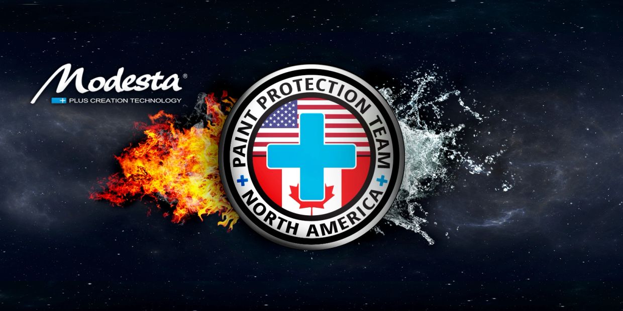Modesta paint protection logo with fire and water elements.