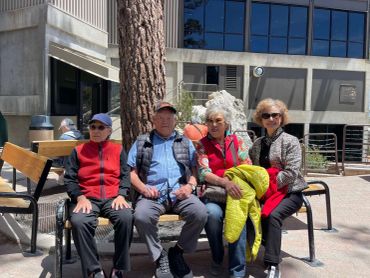 Four elderly people sitting on a bench outdoors on a sunny day.