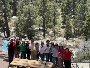 Group of people posing together outdoors in a forested area on a sunny day.